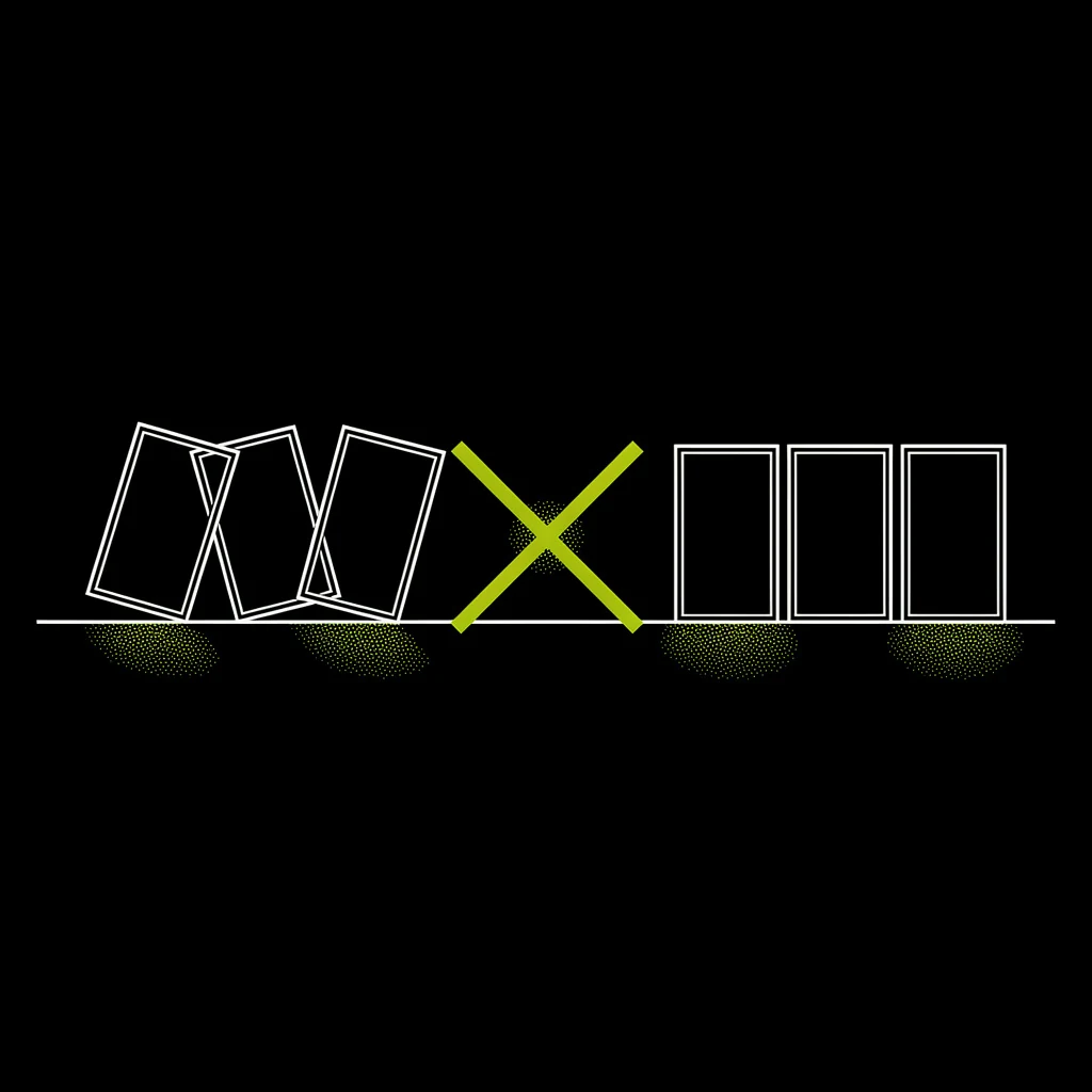Tilted white-line frames passing through a lime X gate and emerging upright on a baseline — drift caught, order held