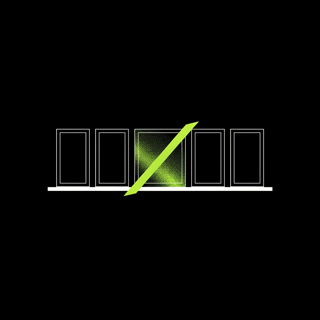Five empty white-line slots on a baseline, one struck through by a single lime diagonal