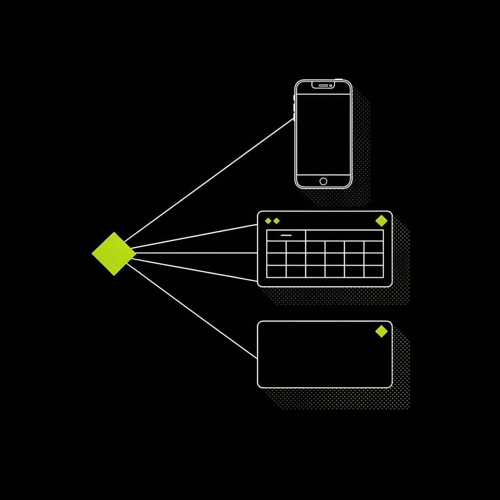A lime diamond radiating into three different white-line surfaces — a phone, a dashboard, a dialog — each stamped with the diamond